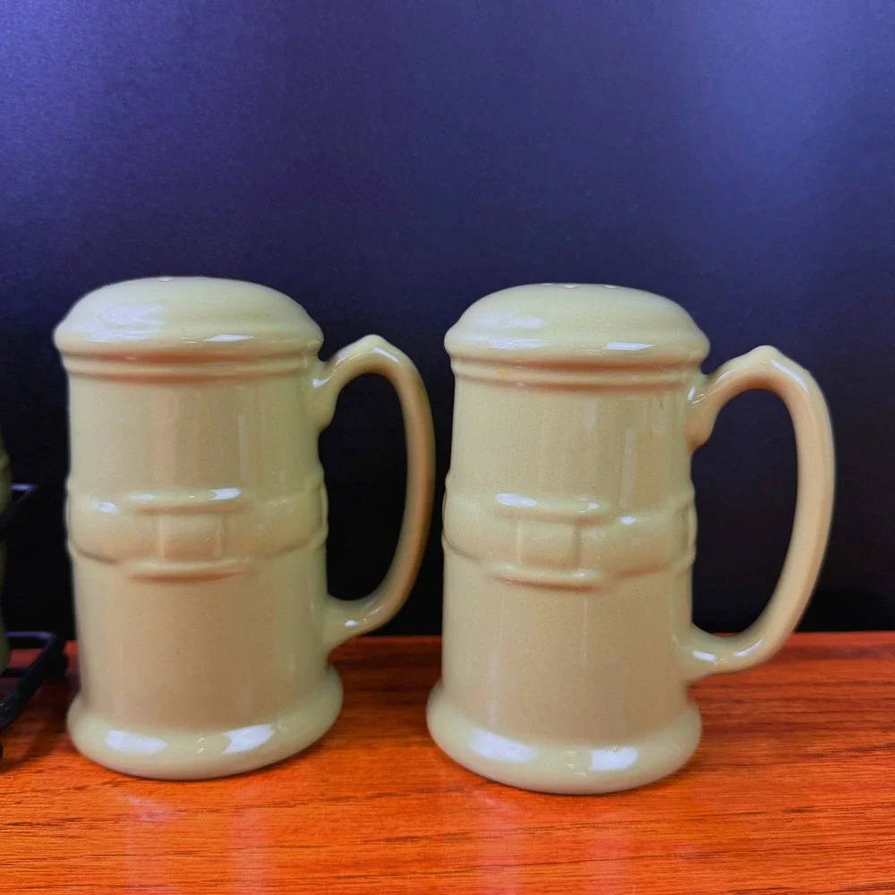 Longaberger Salt Pepper Shakers 2 Sets Sage Green Woven Ceramic Iron Caddy